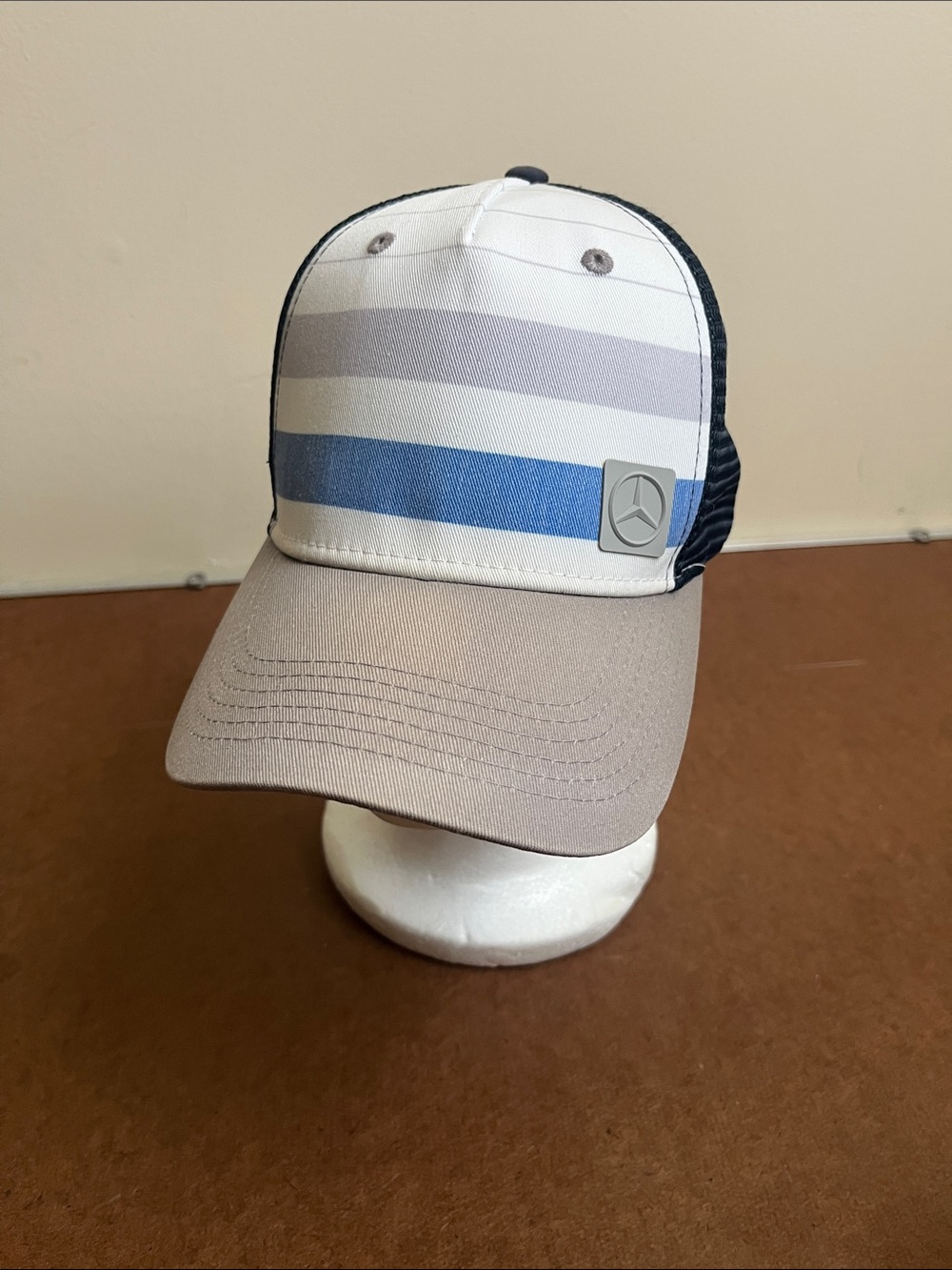 Mercedes-Benz Men's Beige & Blue Striped Trucker Cap